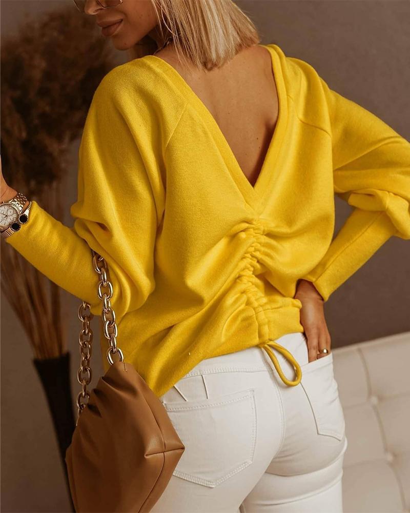 

V-Neck Gigot Sleeve Back Drawstring Top, Yellow