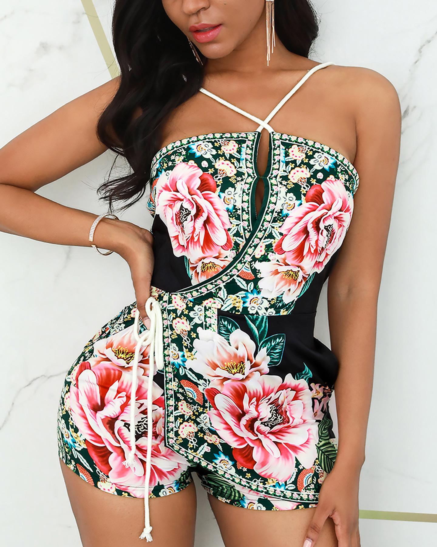 

Halter Floral Print Cutout Tied Detail Romper, Black