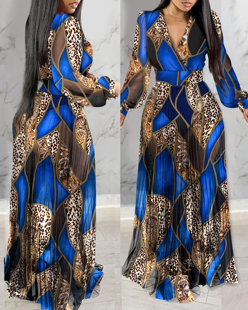 

Vestido longo de malha transparente com estampa de leopardo e manga lanterna, decote em V, elegante vestido de noite, Blue