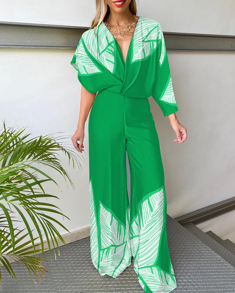 

Leaf Print Asymmetrical Batwing Sleeve Wide Leg Jumpsuit, Green