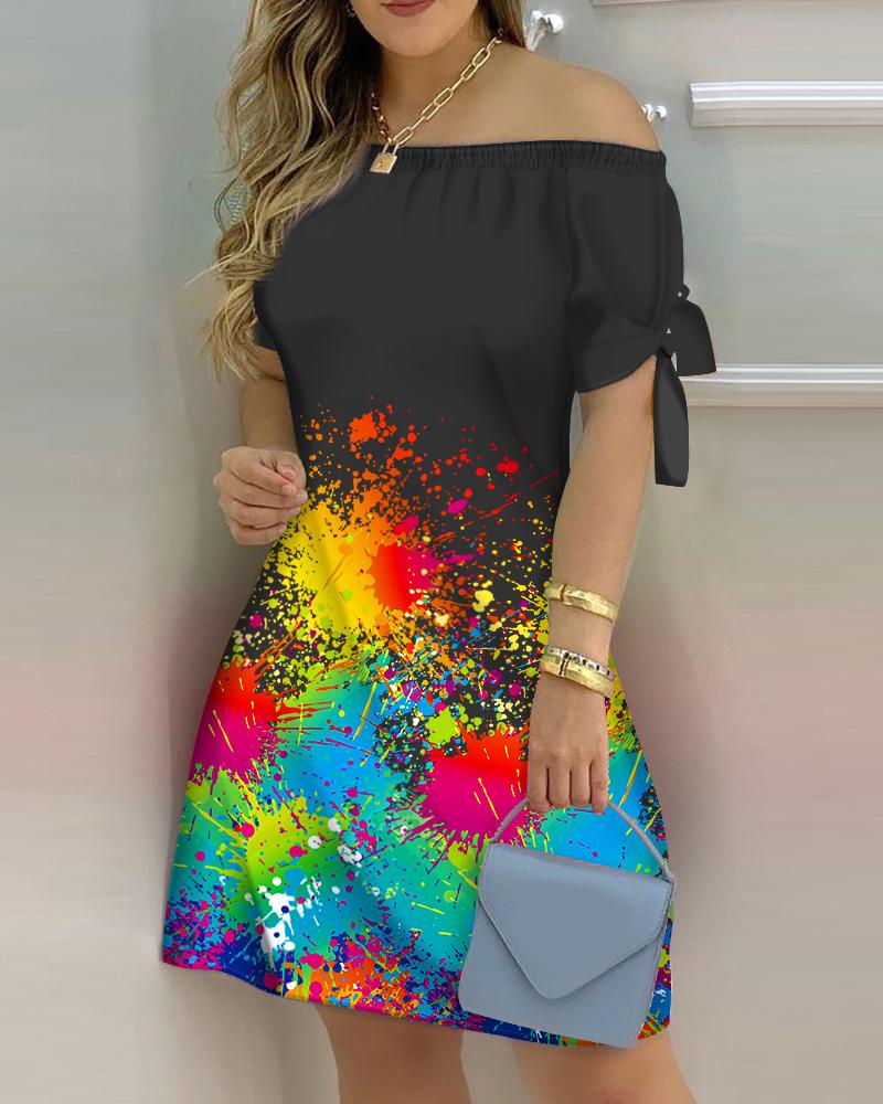 

Ink Splash Print Off Shoulder Tied Detail Casual Dress Short Sleeve Casual Summer Dress, Black