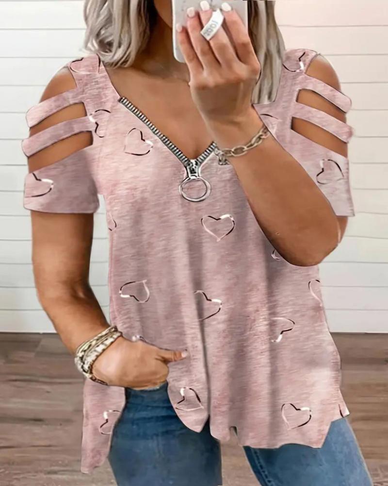 

Plus Size Heart Print Ladder Cutout Zipper Design T-Shirt, Pink