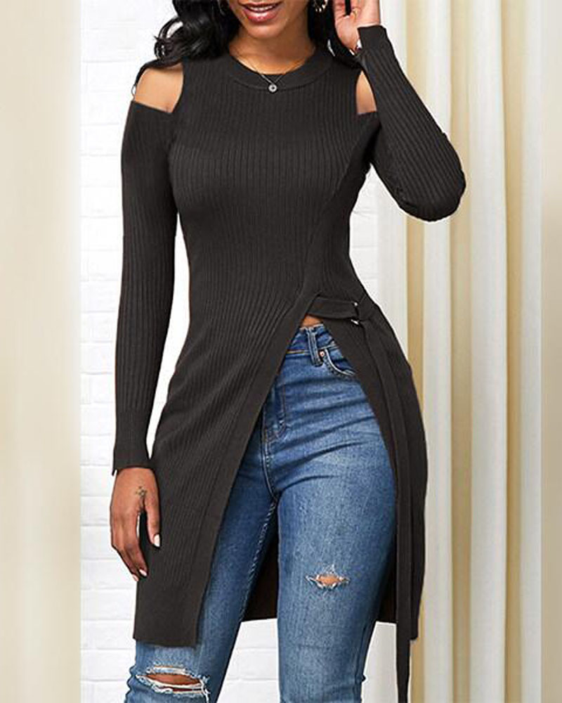 

Cold Shoulder High Split Ribbed Top, Black