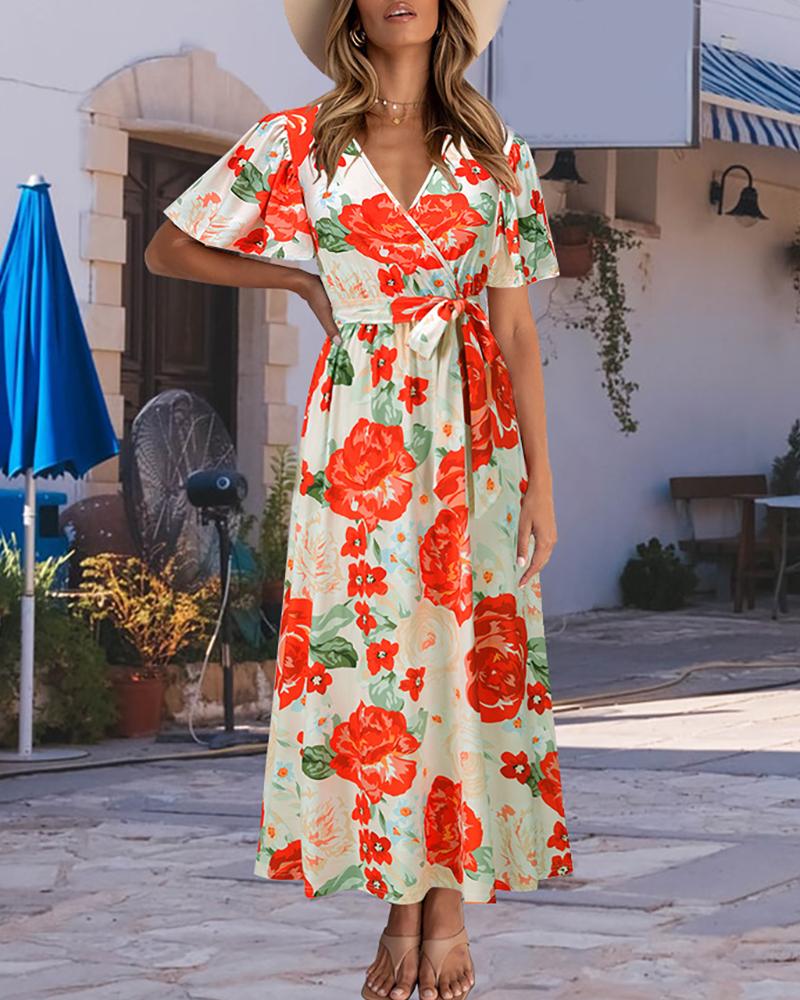

Floral Print Tied Detail Short Sleeve Maxi Dress, Red
