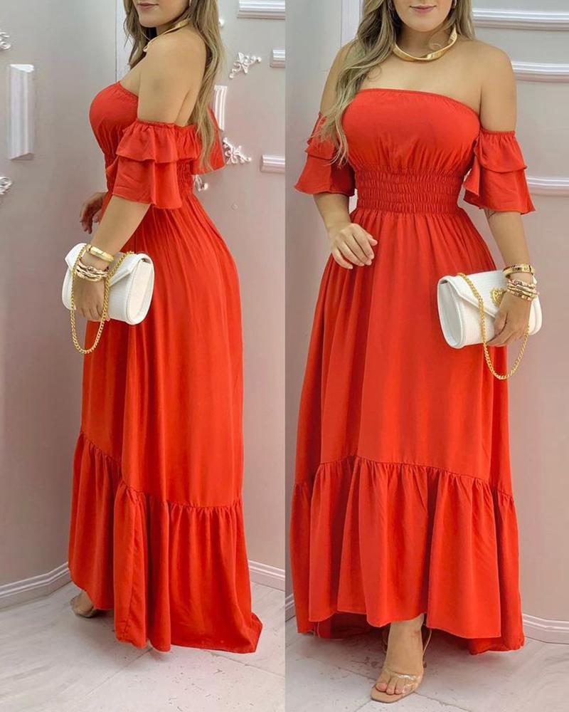 

Off Shoulder Shirring Detail Layered Sleeve Maxi Dress, Orange