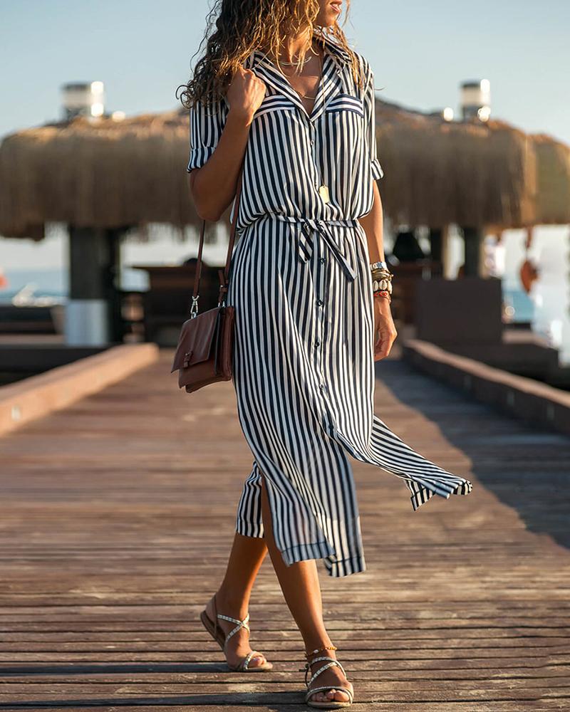 

Striped Short Sleeve Slit Shirt Dress, Black