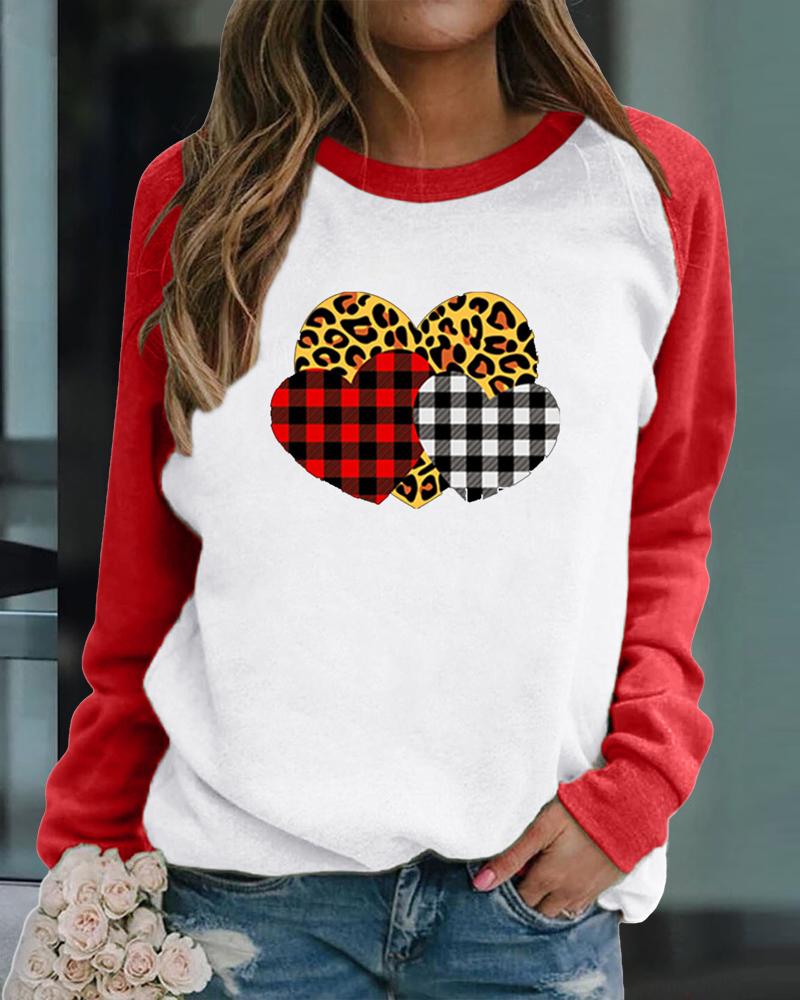 

Valentine' Day Heart Print Raglan Sleeve Sweatshirt, Red