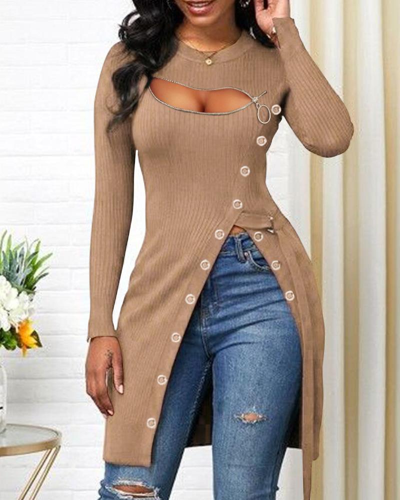 

Long Sleeve Zipper Cutout Detail High Split Top, Khaki