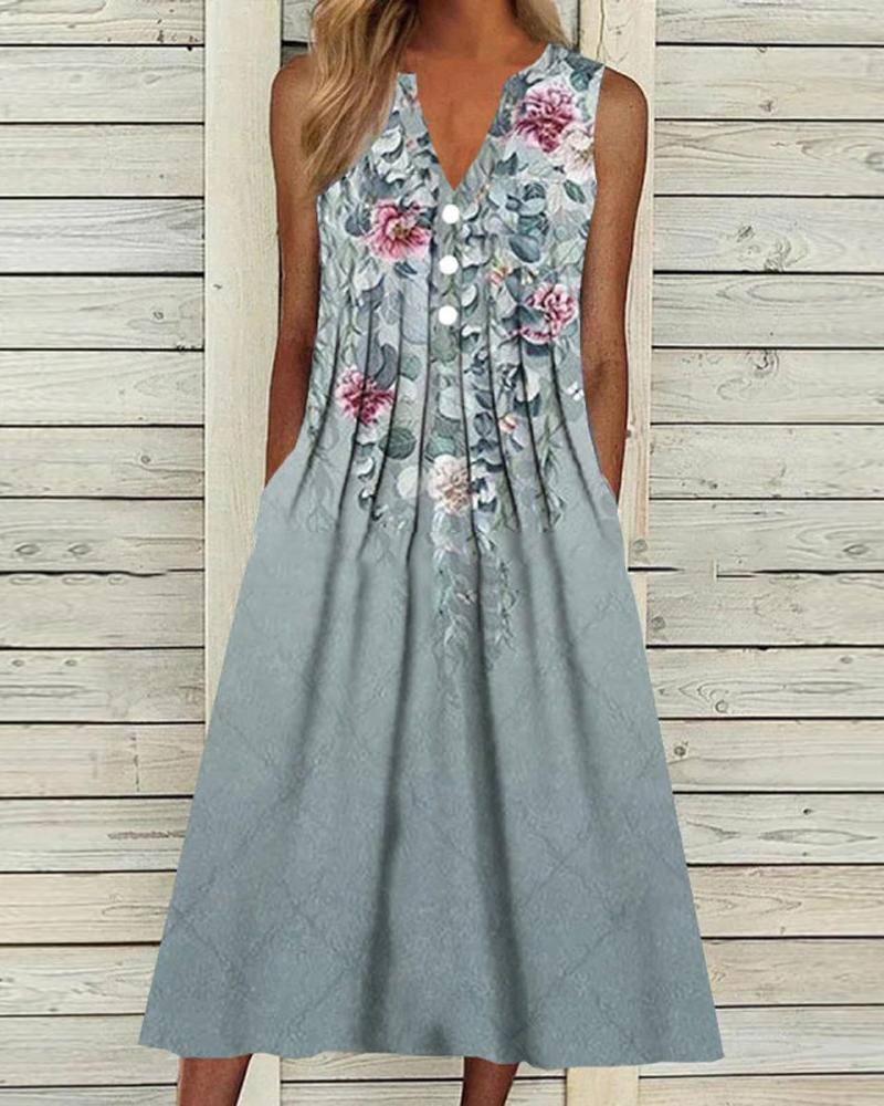 

Floral Print Pleated Design Sleeveless Casual Dress, Blue