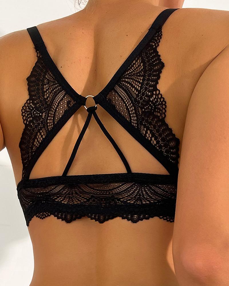 

O-Ring Cutout Back Contrast Lace Underwire Push Up Bra, Black