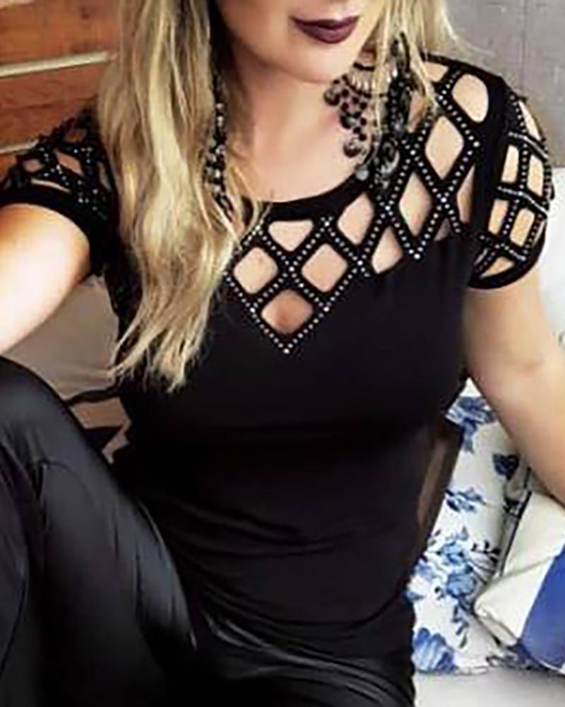 

Studded Grid Hollow Out Casual Top, Black