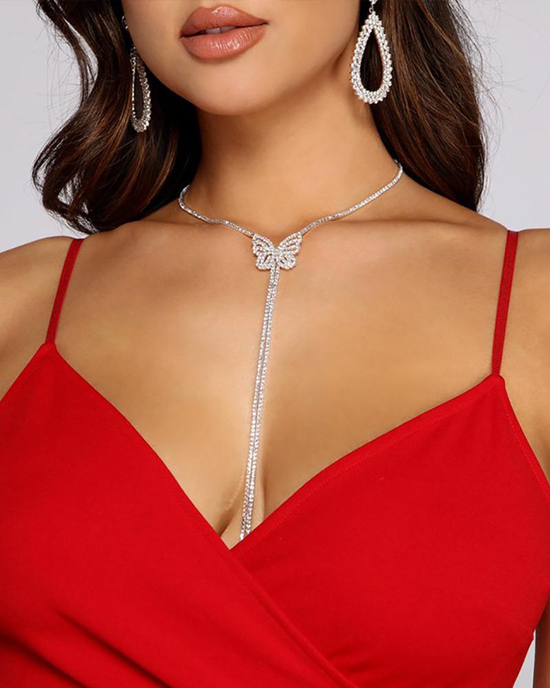

Rhinestone Butterfly Pattern Tassel Decor Necklace, Silver