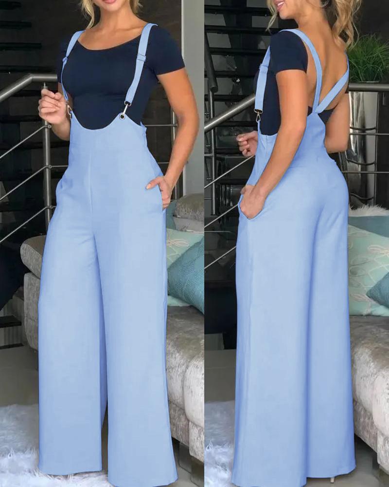 

Wide Leg Pocket Design Suspender Jumpsuit, Blue