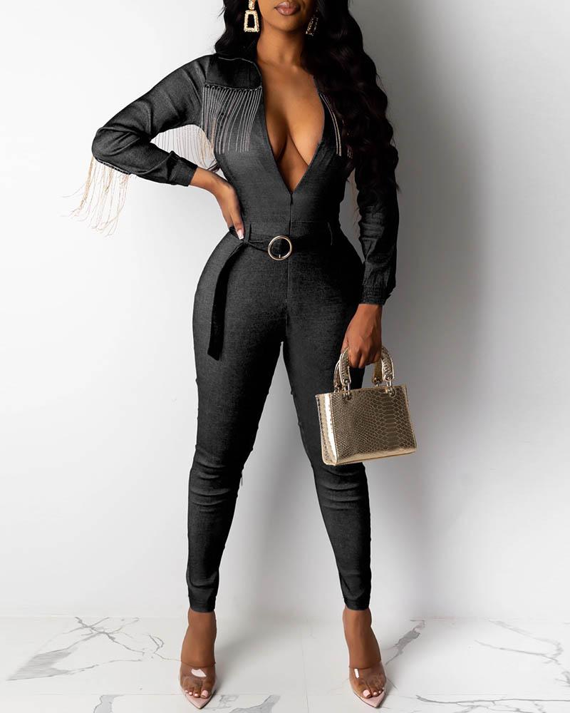 

Zipper Tassel Design Long Sleeve Skinny Jumpsuit, Black