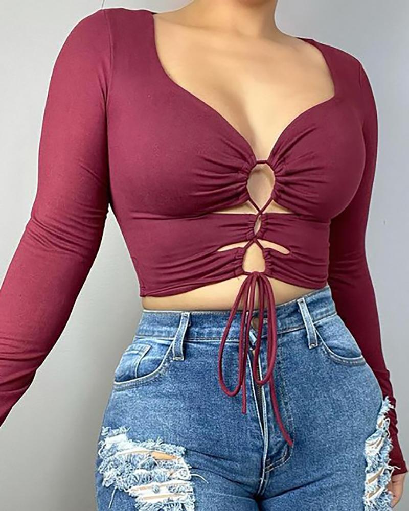 

Long Sleeve Cutout Tied Detail Top, Wine red