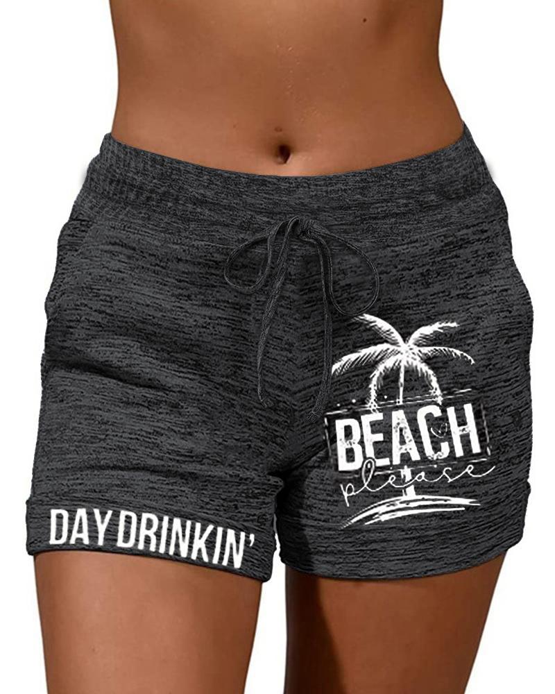 

Coconut Tree Landscape Letter Print Pocket Design Shorts, Dark grey