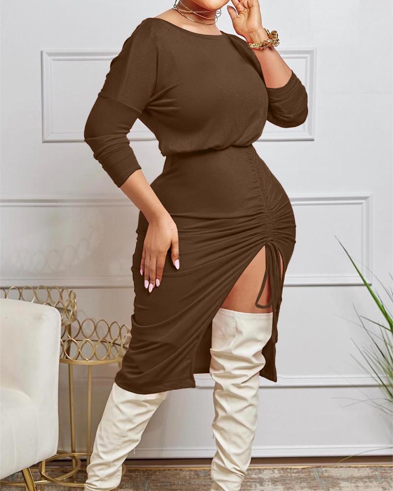 

Plus Size Slit Drawstring Casual Dress, Brown