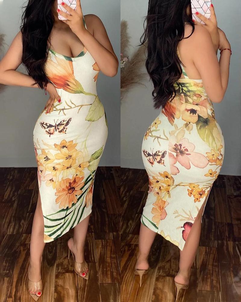 

Floral Butterfly Print Split Hem Bodycon Dress, Light yellow