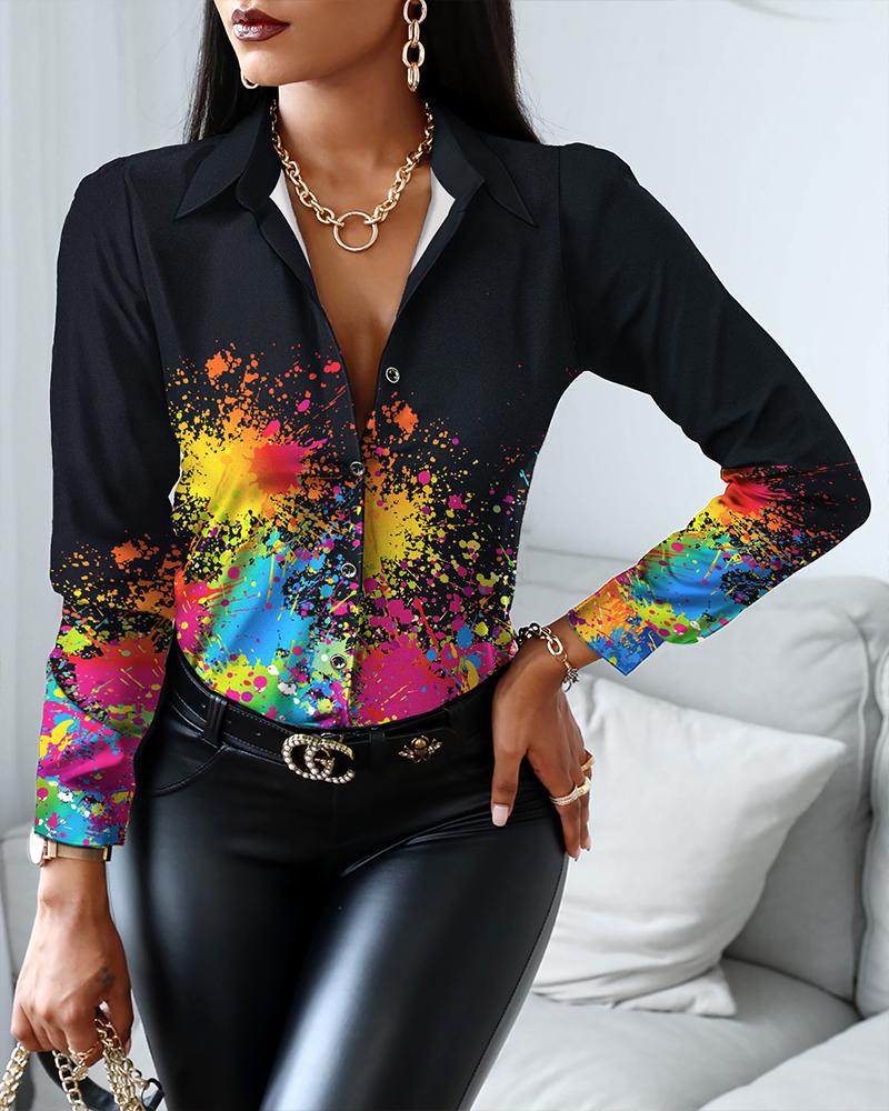 

Ink Splash Print Long Sleeve Button Up Top, Black