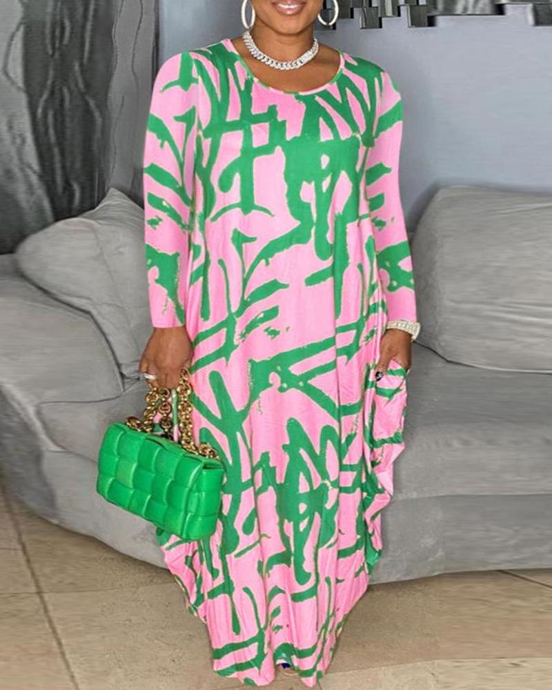 

Plus Size Abstract Print Long Sleeve Maxi Dress, Pink