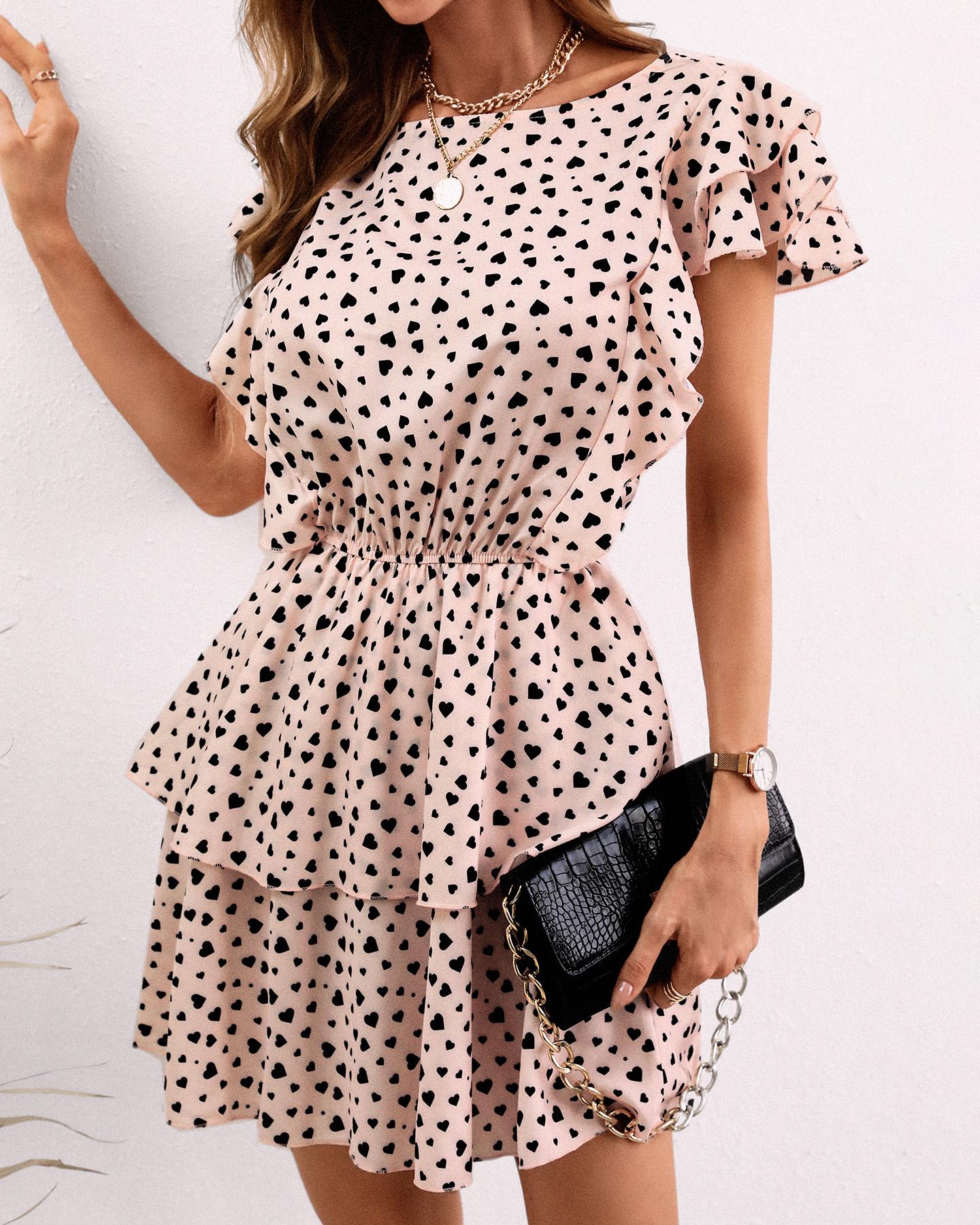 

Heart Print Short Sleeve Ruffles Hem Casual Dress, Apricot