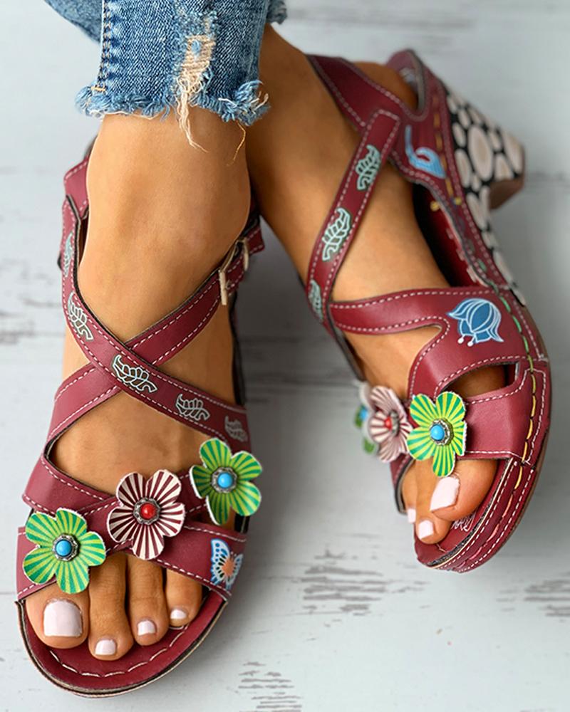 

Floral Pattern Bandage Cutout Chunky Heels, Wine red