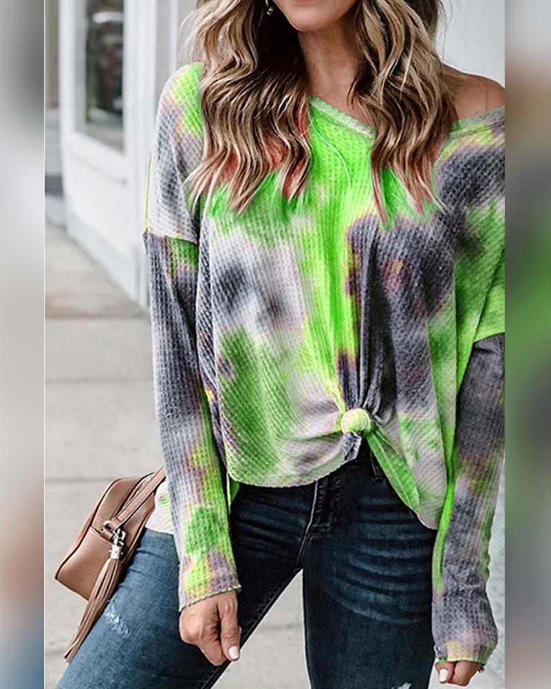 

Tie Dye Print Long Sleeve Loose Blouse, Green