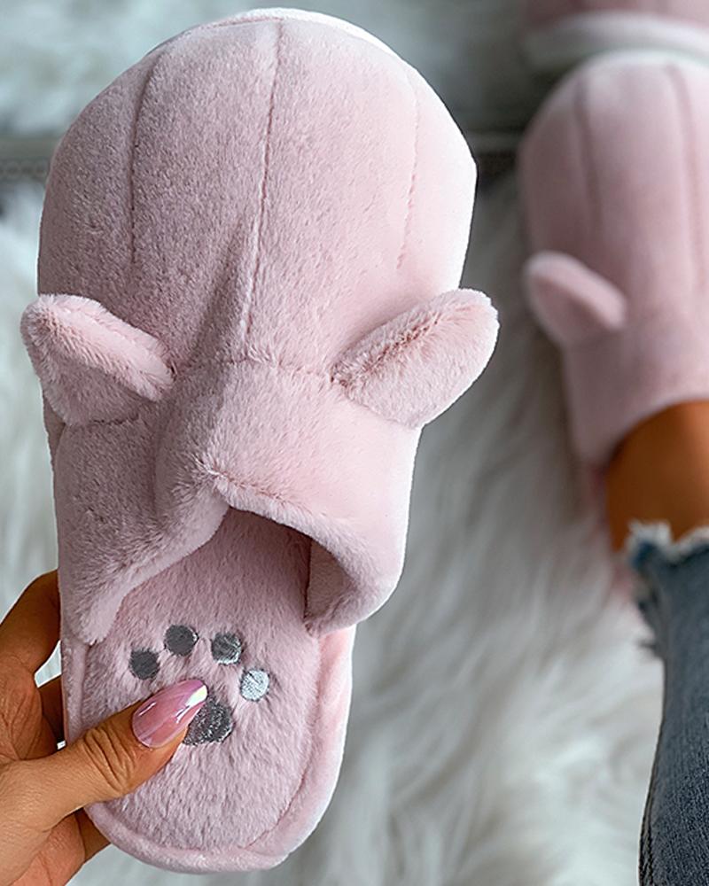 

Paw Pattern 3D Ear Design Fluffy Slipper, Pink