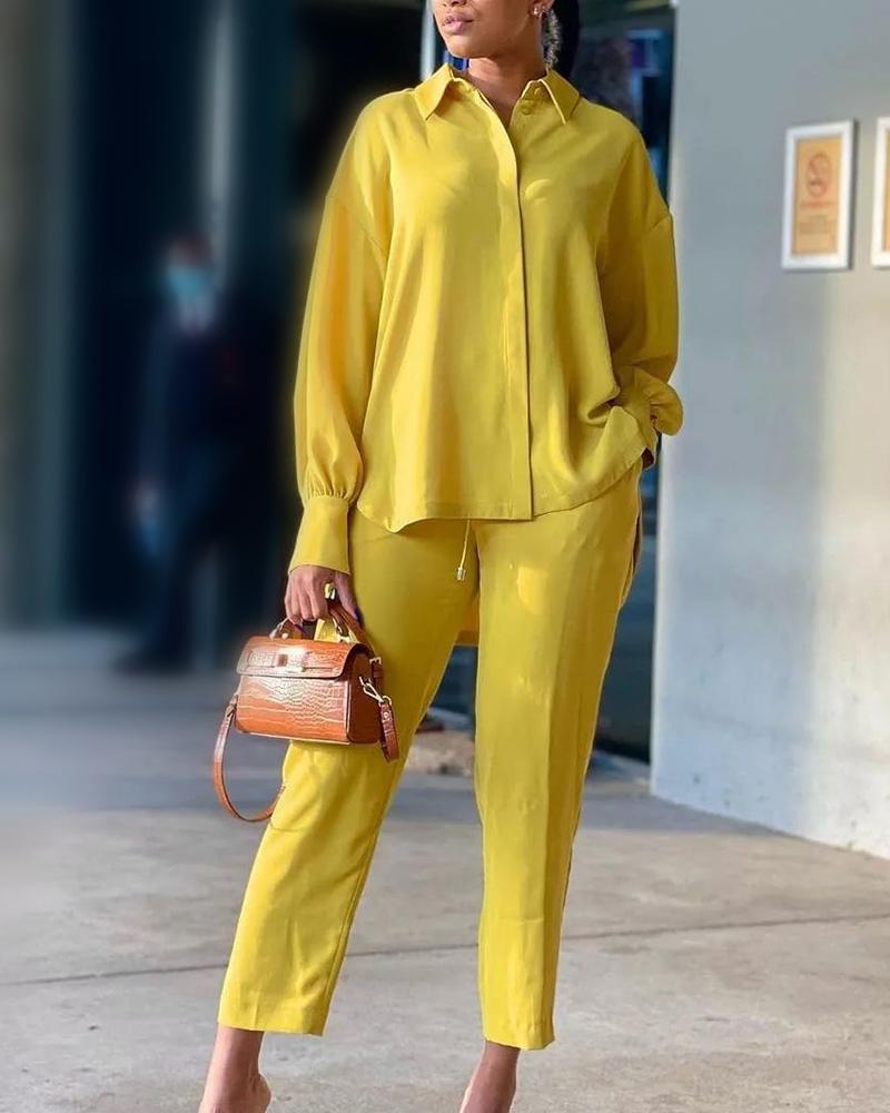 

Long Sleeve High Low Button Down Shirt & Pants Set, Yellow
