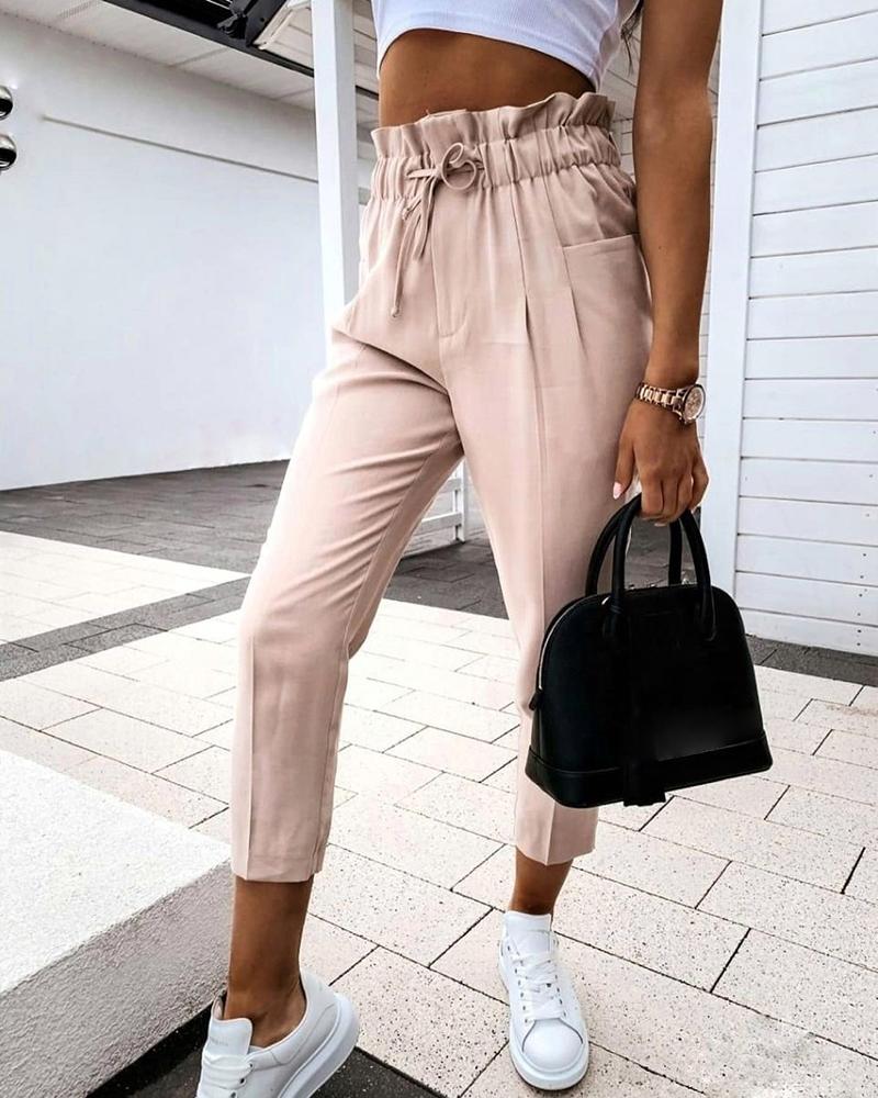 

High Waist Ruffles Pocket Design Drawstring Pants, Apricot