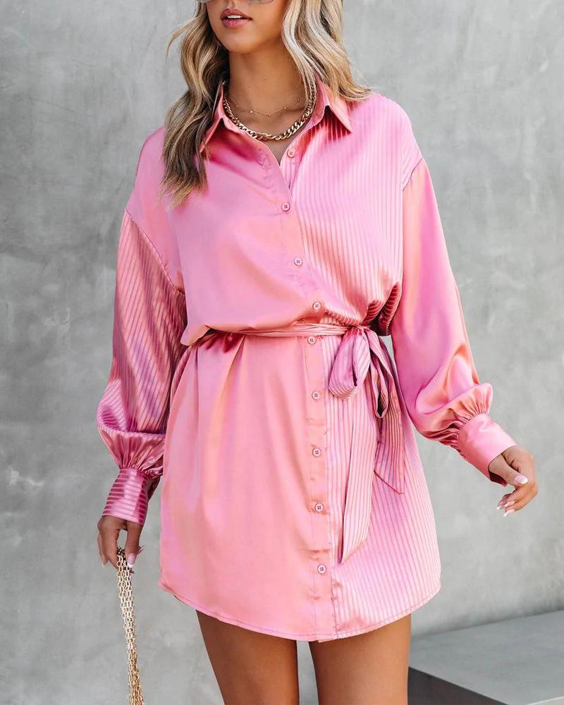 

Striped Long Sleeve Button Down Shirt Dress, Pink