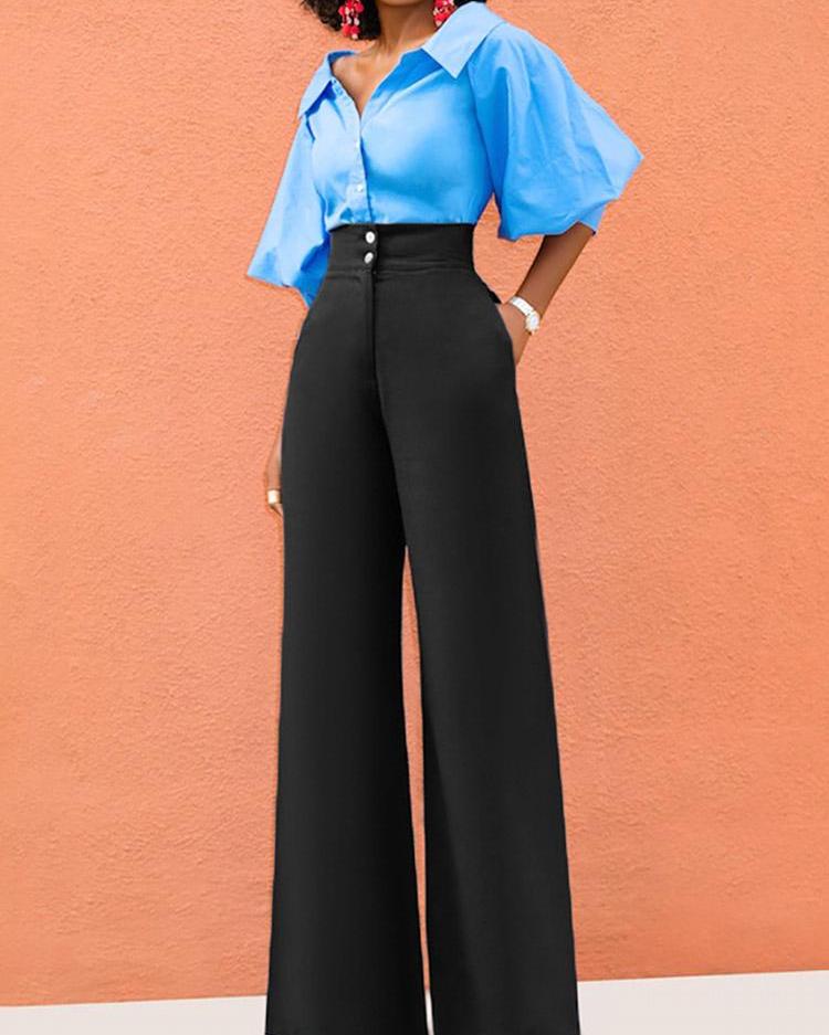

Solid Button High Waist Wide Leg Pant, Black