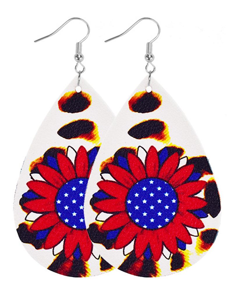 

1Pair Independence Day American Flag Leopard Sunflower Waterdrop Hook Earrings, Style1