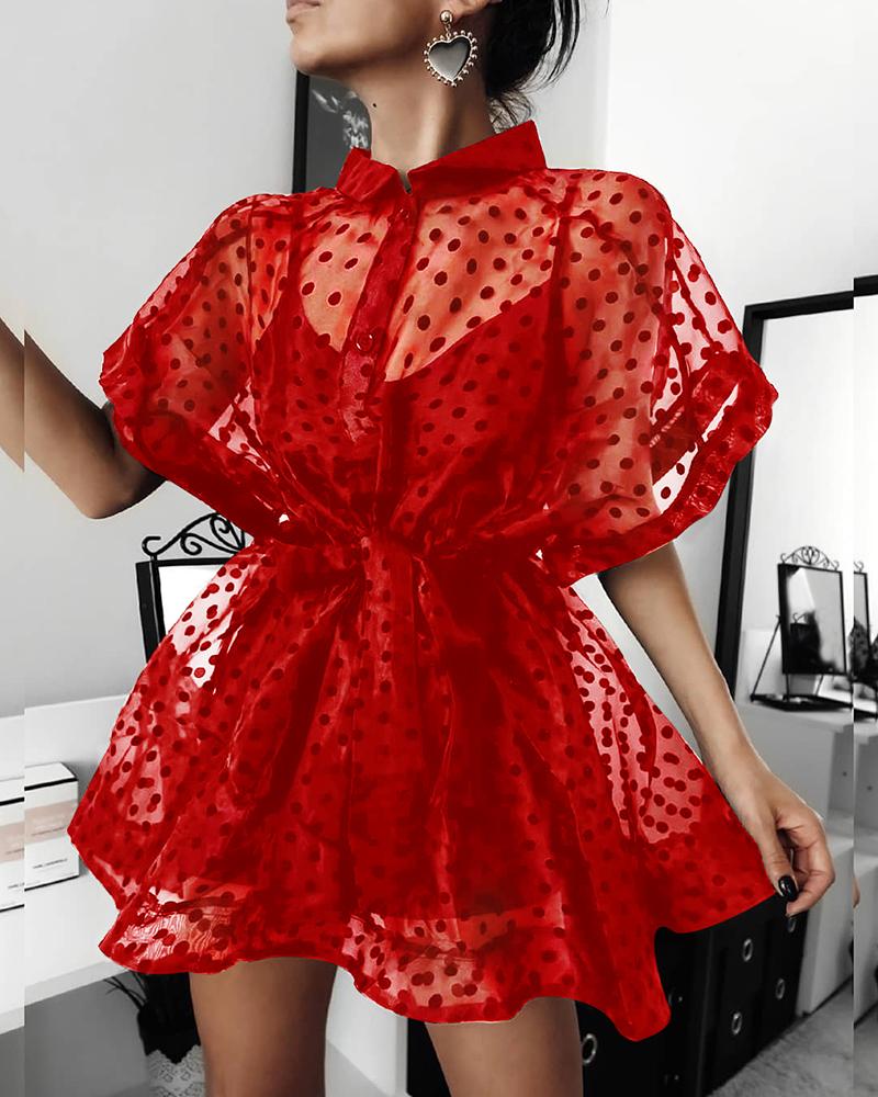 

Dot Print Semi Sheer Buttoned Blouse, Red