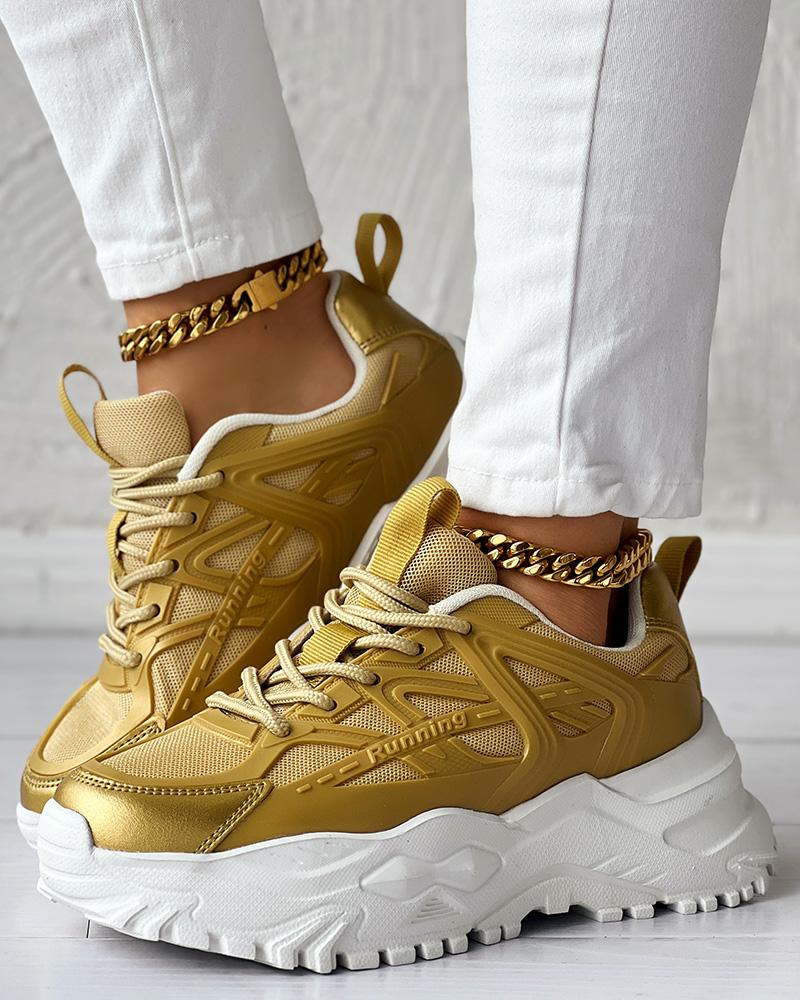 

Running Pattern Lace-up Breathable Sneakers, Gold