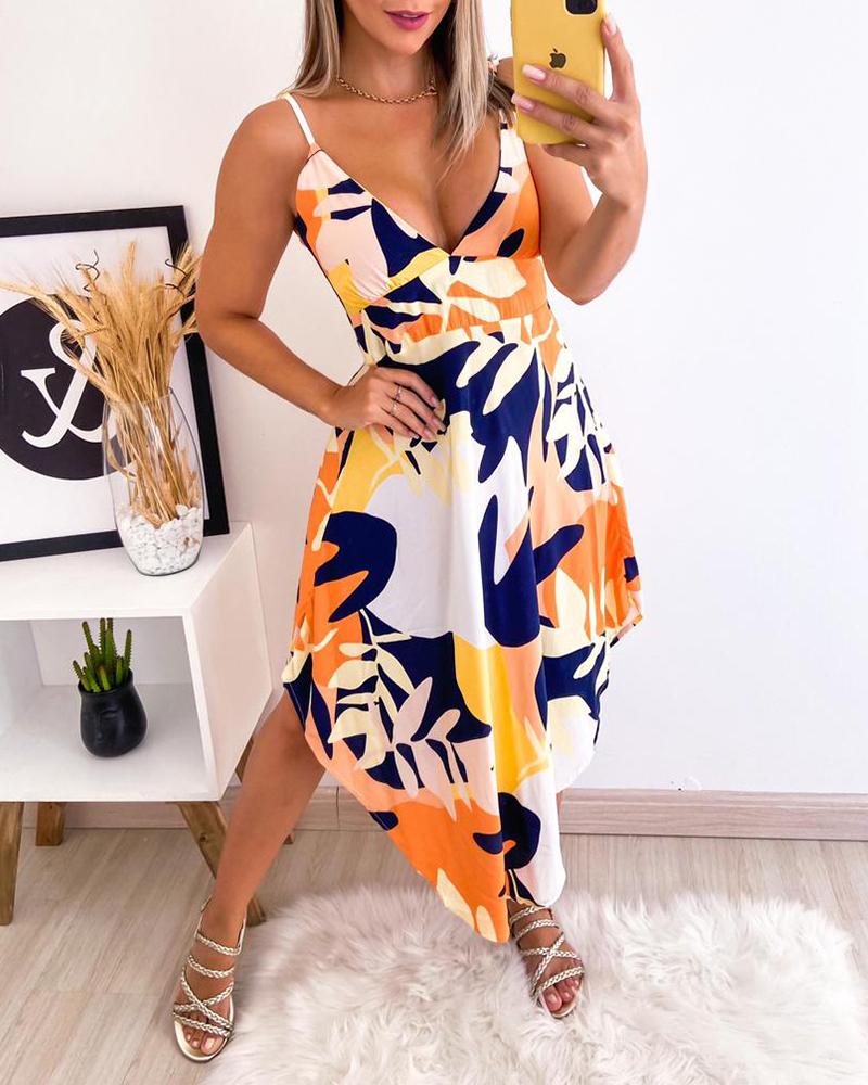 

Cami Deep-V Asymmetrical Floral Print Dress, Multicolor