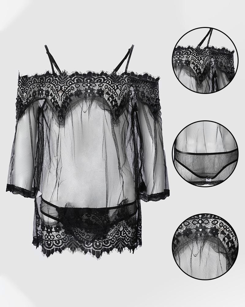 

Babydoll de malla transparente de encaje con hombros descubiertos y pestañas, Black