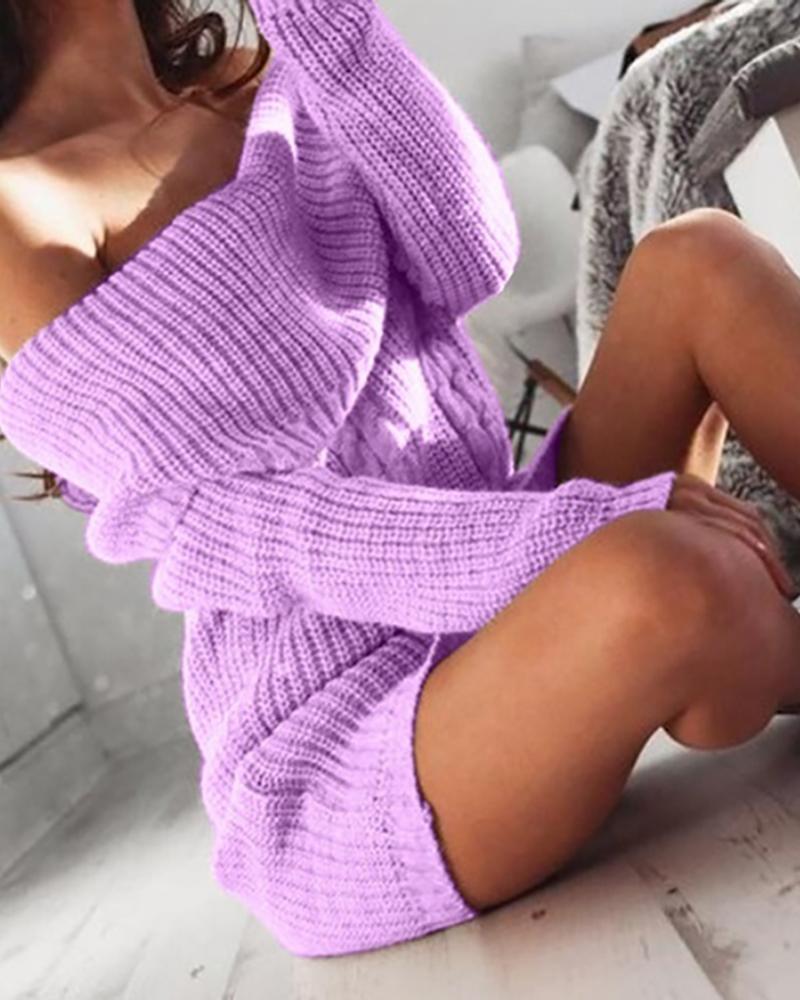 

Off Shoulder Knit Long Sleeve Sweater Dress, Purple