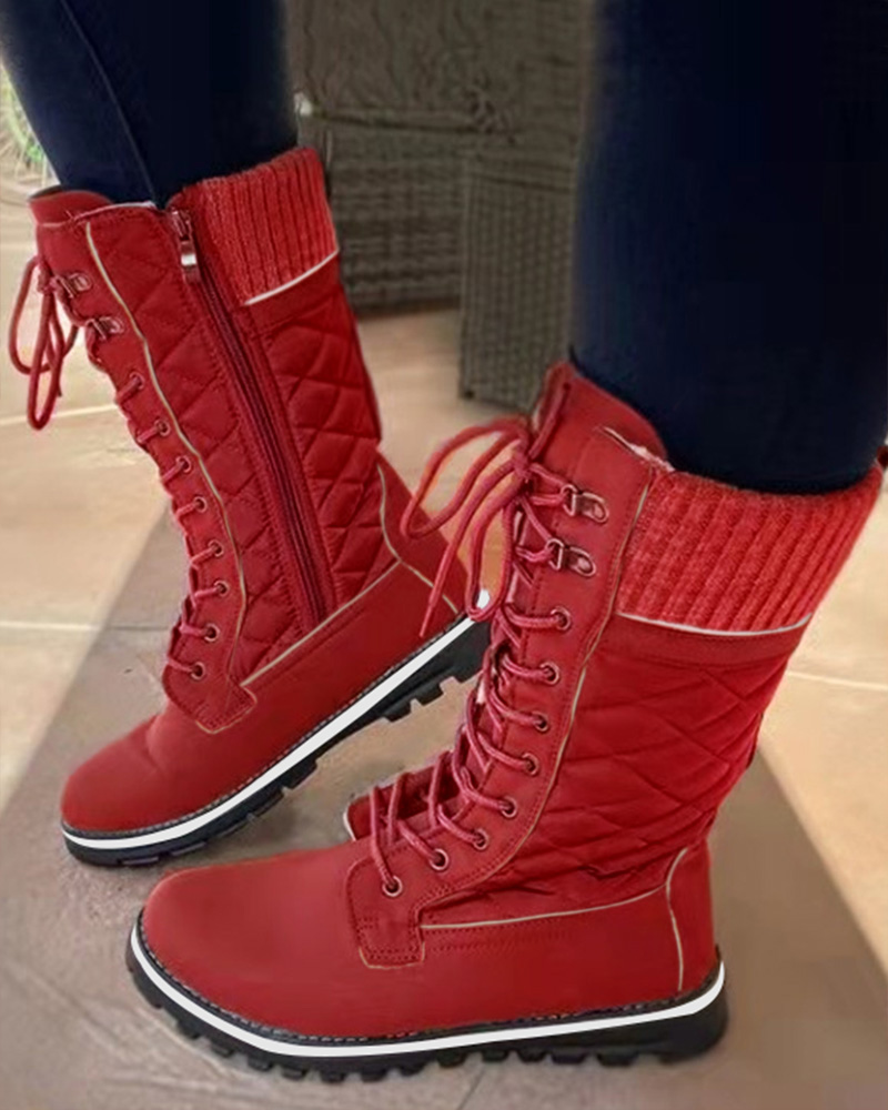 

Quilted Lace-up Side Zipper Martin Boots, Red