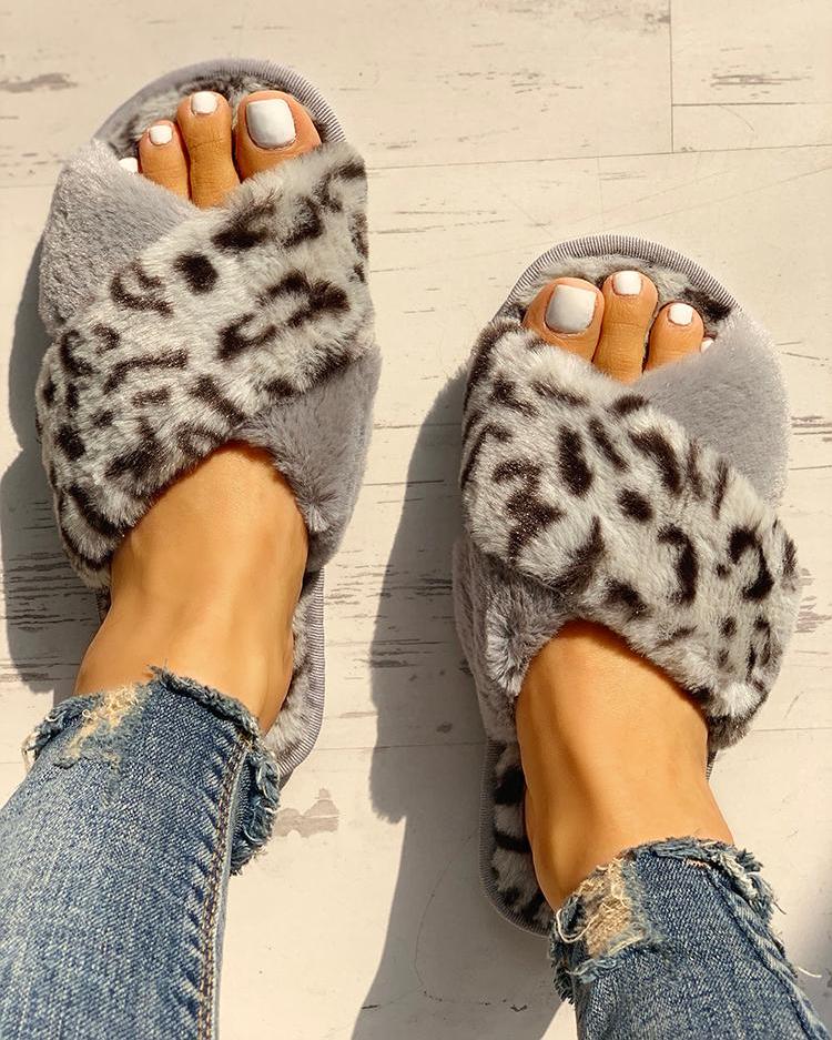 

Fluffy Leopard Crisscross Peep Toe Slippers, Gray