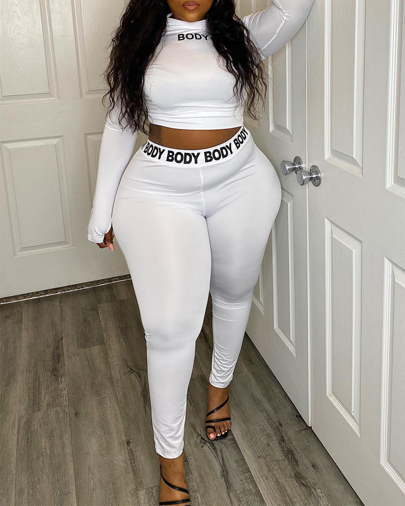 

Plus Size Letter Print Long Sleeve Crop Top & Pants Set, White