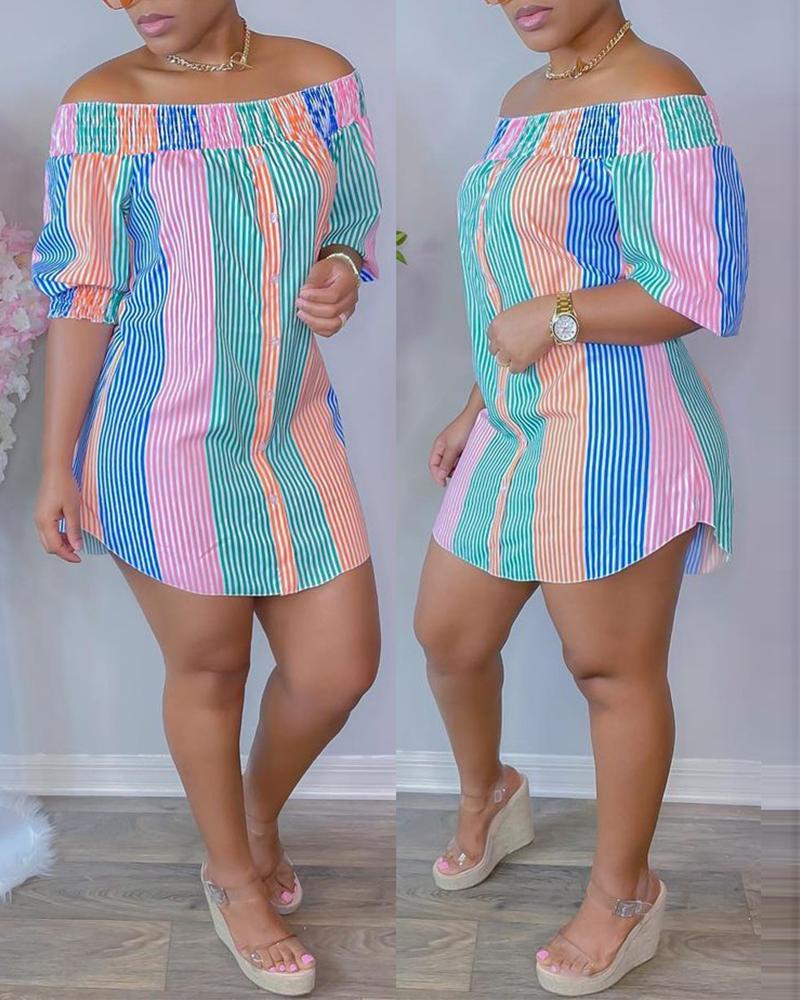 

Striped Print Colorblock Shirred Buttoned Casual Dress, Style1