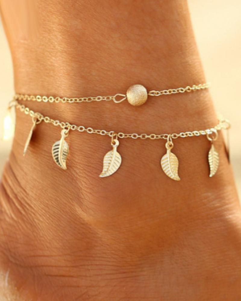 

1pc Bohemian Multi-layer Leaf Pendant Beach Chain Anklet, Gold