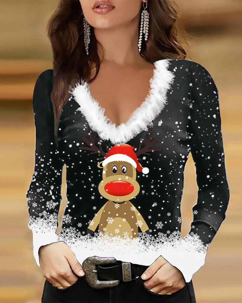 

Christmas Cartoon Elk Snowflake Print Fuzzy Trim V-Neck Top, Black