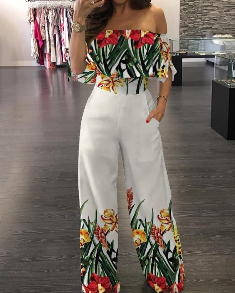 

Off Shoulder Floral Print Slit Sleeve Jumpsuit, White