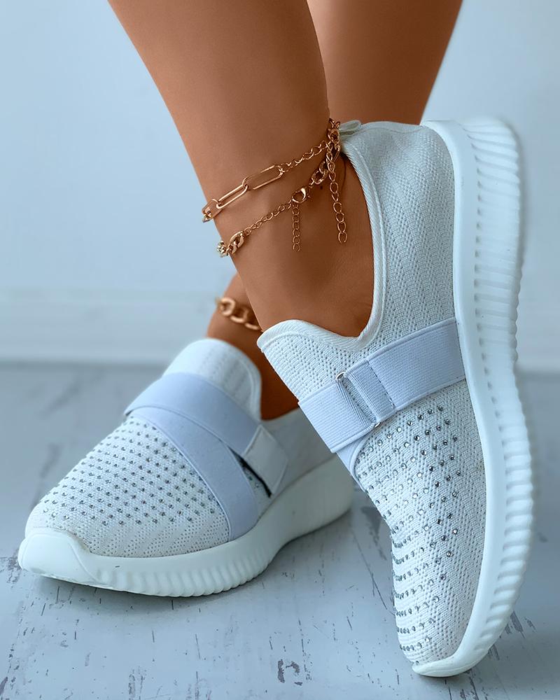 

Rhinestone Decor Velcro Knit Breathable Sneaker, White