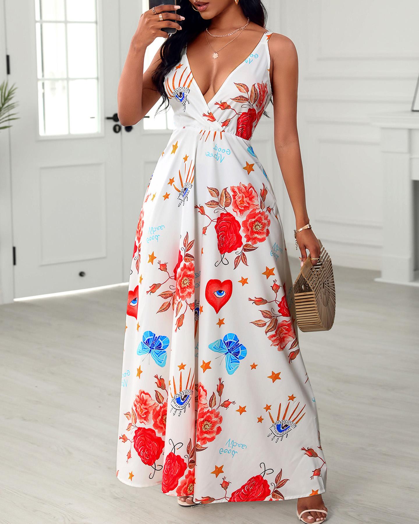 

All Over Print Sleeveless Maxi Dress, Beige