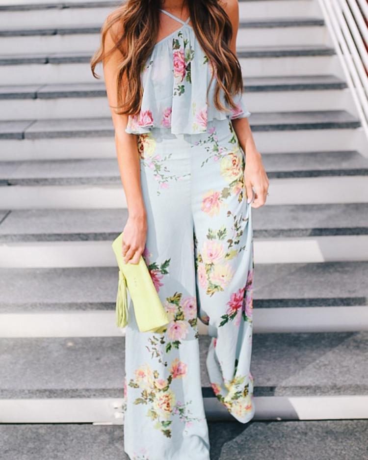 

Ruffled Strappy Wide Leg Floral Jumpsuit, Multicolor