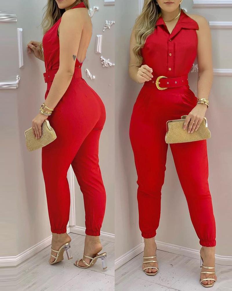 

Button Front Backless Jumpsuit Without Belt, Red