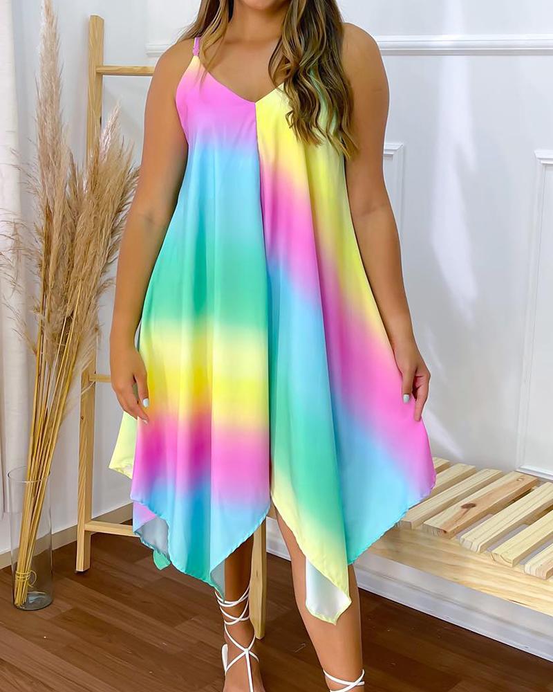 

Ombre Spaghetti Strap Asymmetrical Swing Dress, Multicolor